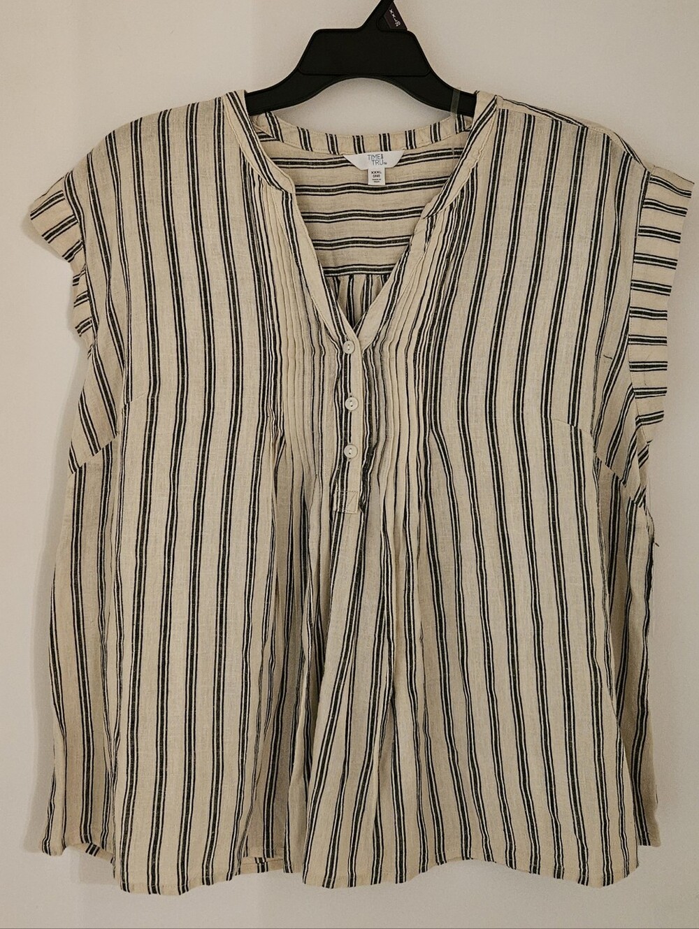 Time and Tru Womens Linen Blend Pintuck Top XXXL 22 Beige Black Striped NWT